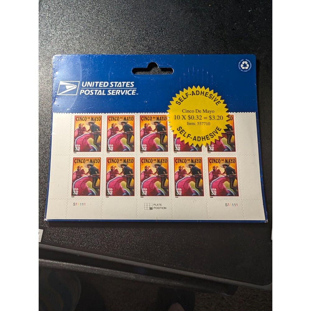 1998 USPS Cinco De Mayo 32 Cent Postage Stamps Complete Sheet of 10 Self-Adhesiv